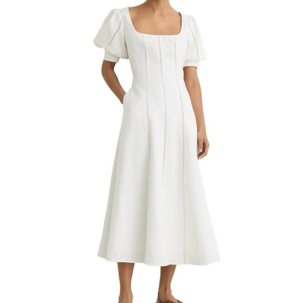 Reiss  Riva Linen Puff Sleeve Embroidered Midi Dress Size 8